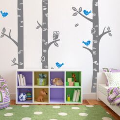 Exclusive-Muurstickers-Bomen-met-Uil-Grijs-met-Blauw