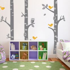 Exclusive-Muurstickers-Bomen-met-Uil-Grijs-met-Geel