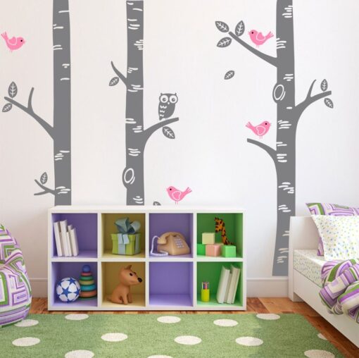 Exclusive-Muurstickers-Bomen-met-Uil-Grijs-met-Roze