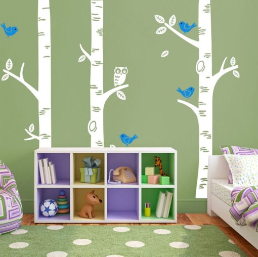 Exclusive-Muurstickers-Bomen-met-Uil-Wit-met-Blauw