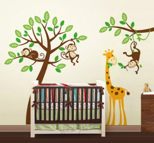 Exclusive Muursticker Boom met Aapjes en Giraffe (1)