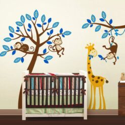 Exclusive Muursticker Boom met Aapjes en Giraffe (Blauw) (4)