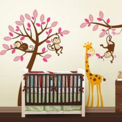 Exclusive Muursticker Boom met Aapjes en Giraffe (Roze) (3)