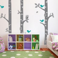 Exclusive Muurstickers Bomen met Uil (Grijs met Turquoise)