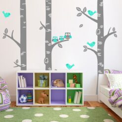 Exclusive Muurstickers Bomen met Familie Uil (Grijs met Mint)