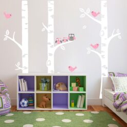 Exclusive Muurstickers Bomen met Familie Uil (Wit met Roze)