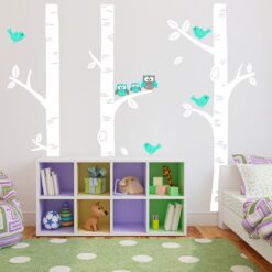 Exclusive Muurstickers Bomen met Familie Uil (Wit met Mint)