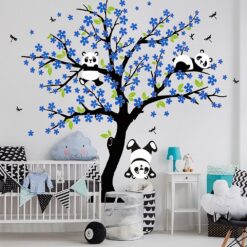 Muursticker Boom Pandabeertjes (blauw)