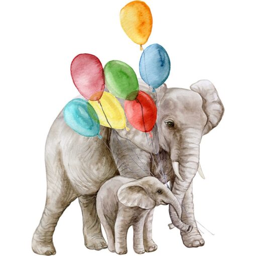 Muursticker moeder en baby Olifant met Ballonnen